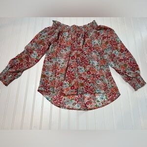Umgee Smocked Off Shoulder Floral Blouse Semi Sheer Long Sleeve Small